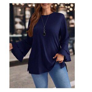 Nally & Millie Navy Blue Bell Long Ruffle Sleeve Top Blouse with Ruffle Hem